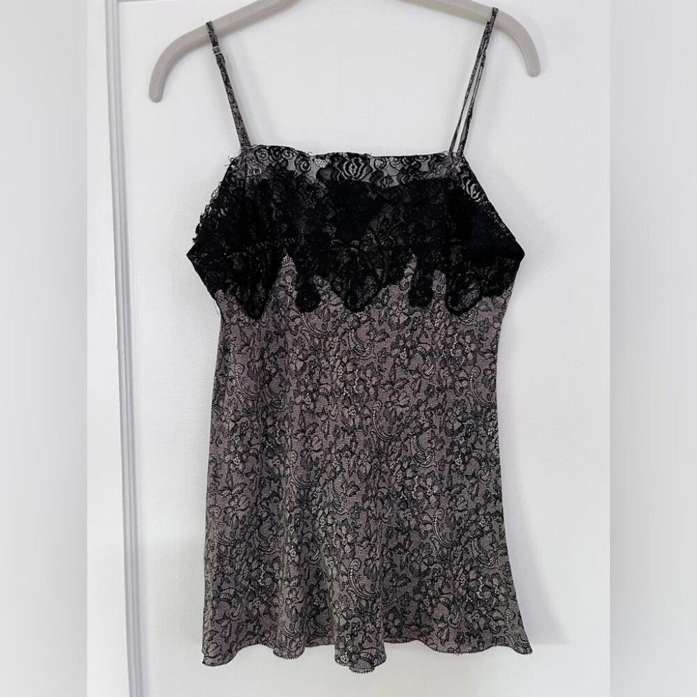 SOLD Gold Hawk Lace Print Silk Camisole Black Lace Trimmed Size Small